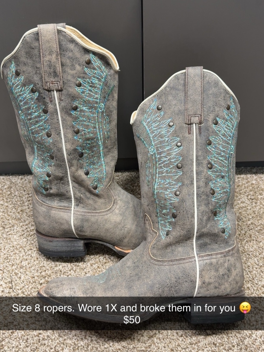 Roper Gray Leather Western Boots with Teal Stitching